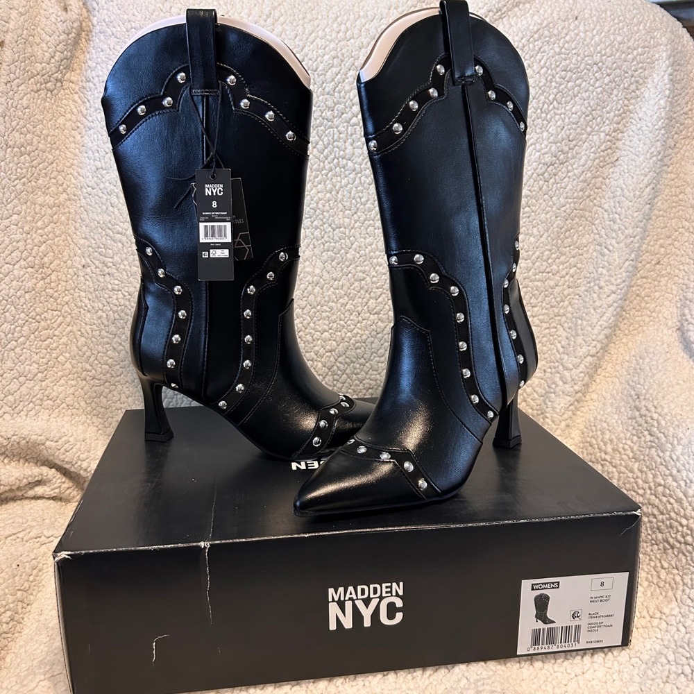 Madden NYC Kit West Boot Black Studded Pointed Toe Western Kitten Heel sz 8 NEW